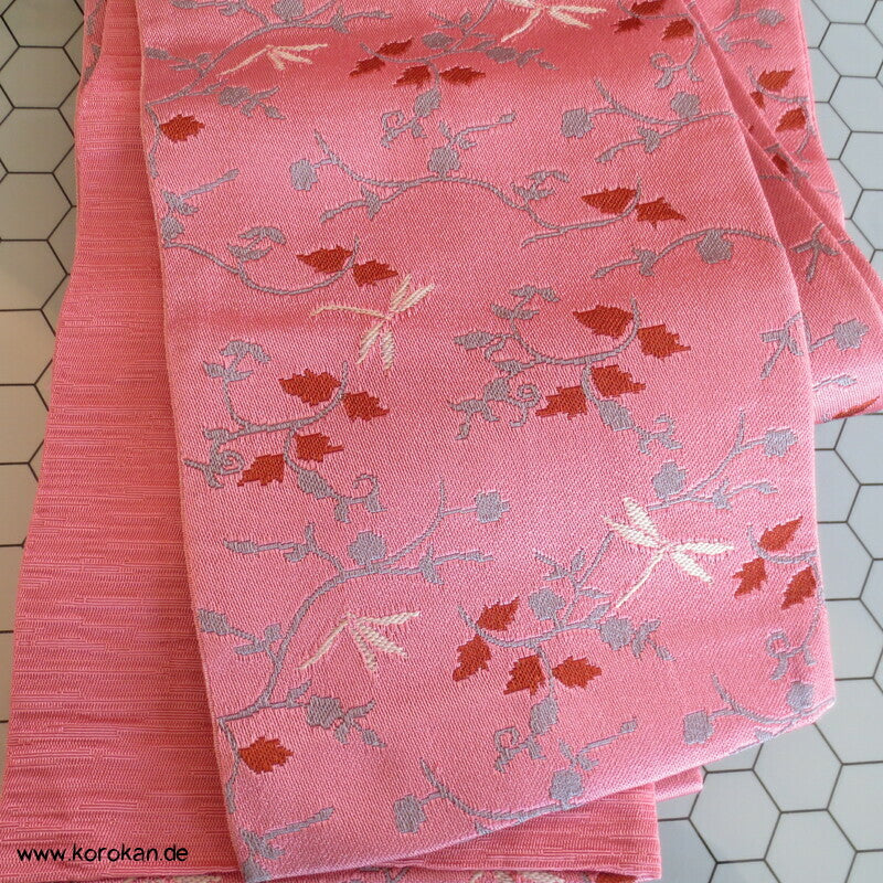 japanischer Han Haba Kimono Gürtel rosa mit Zweigen und Libellen