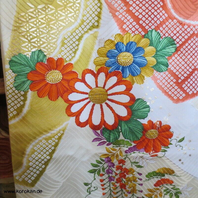 Mitzukoshi Furisode Kimono bunte Tanzaku Streifen mit Wisteria, Golddruck und Stickerei