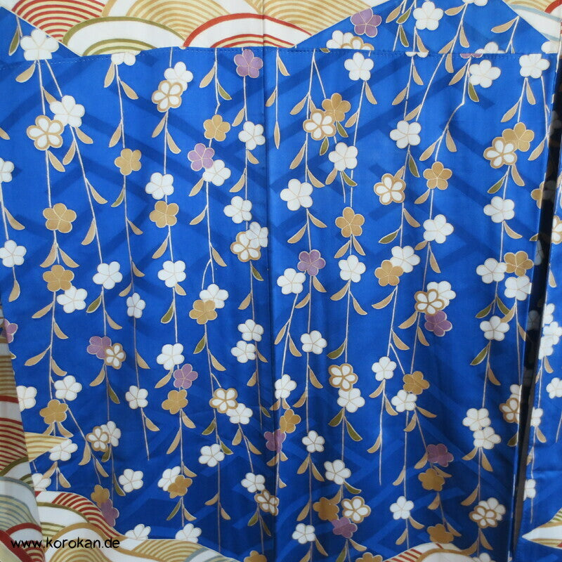 Brücken über Wellen mit Gold und hängenden Blüten Furisode Seidendamast Kimono