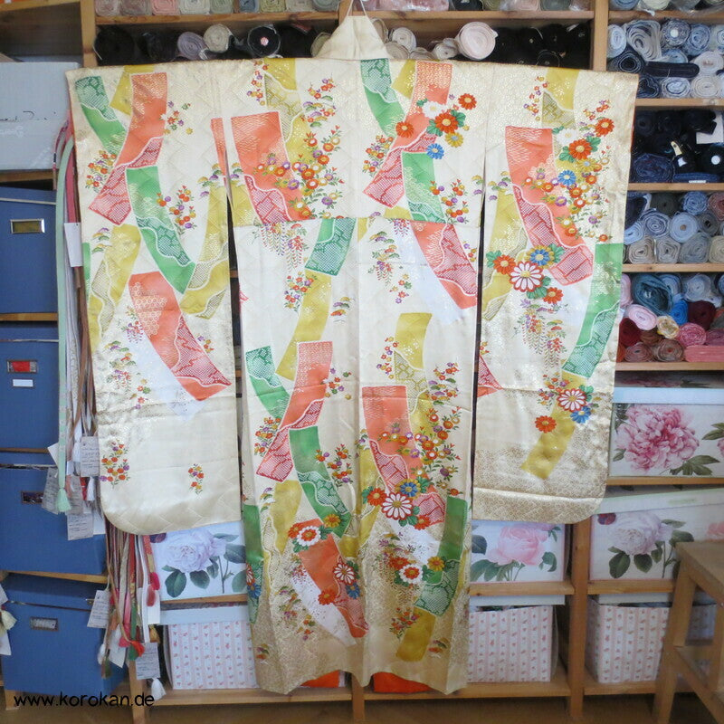 Mitzukoshi Furisode Kimono bunte Tanzaku Streifen mit Wisteria, Golddruck und Stickerei