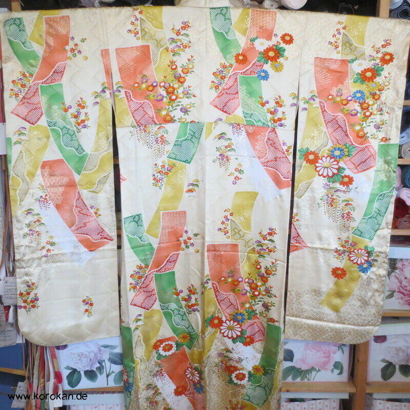 Mitzukoshi Furisode Kimono bunte Tanzaku Streifen mit Wisteria, Golddruck und Stickerei