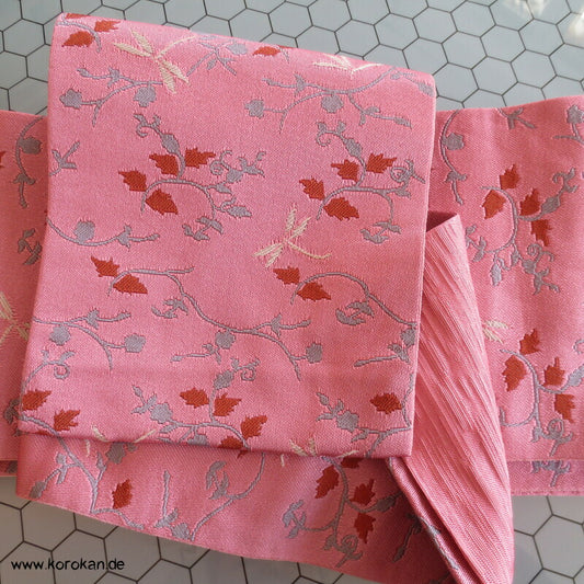 japanischer Han Haba Kimono Gürtel rosa mit Zweigen und Libellen