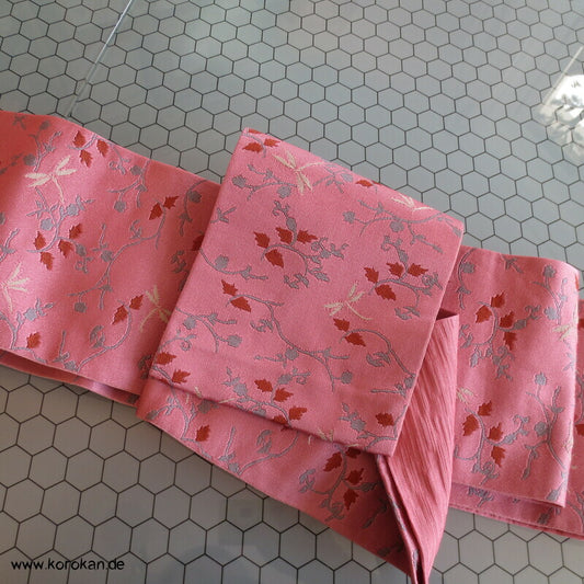 japanischer Han Haba Kimono Gürtel rosa mit Zweigen und Libellen