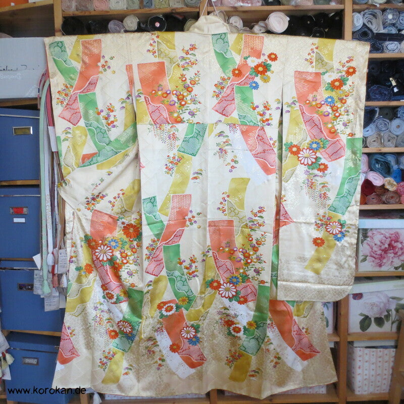 Mitzukoshi Furisode Kimono bunte Tanzaku Streifen mit Wisteria, Golddruck und Stickerei