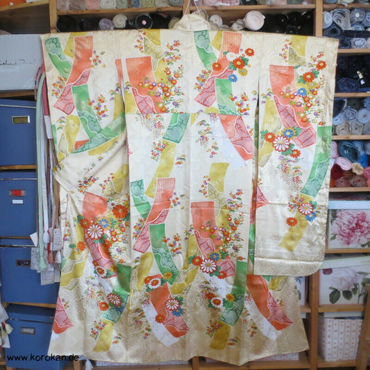 Mitzukoshi Furisode Kimono bunte Tanzaku Streifen mit Wisteria, Golddruck und Stickerei