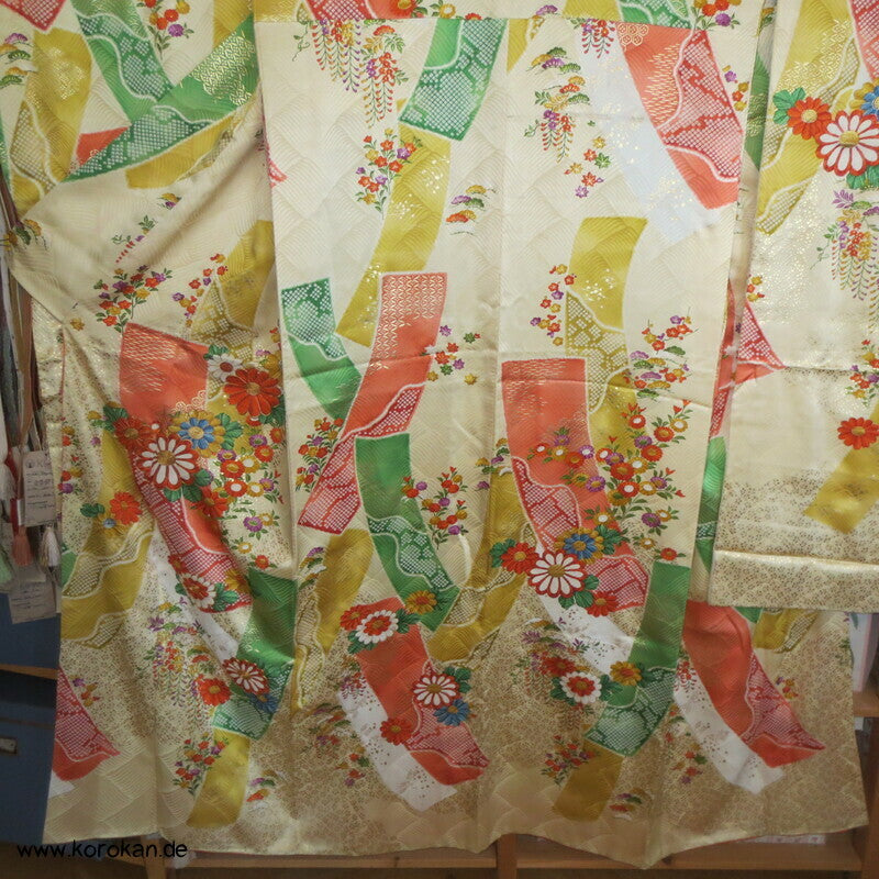 Mitzukoshi Furisode Kimono bunte Tanzaku Streifen mit Wisteria, Golddruck und Stickerei