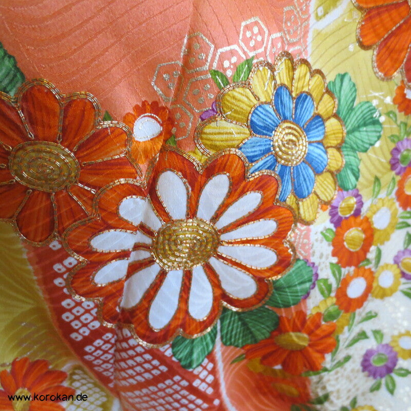 Mitzukoshi Furisode Kimono bunte Tanzaku Streifen mit Wisteria, Golddruck und Stickerei