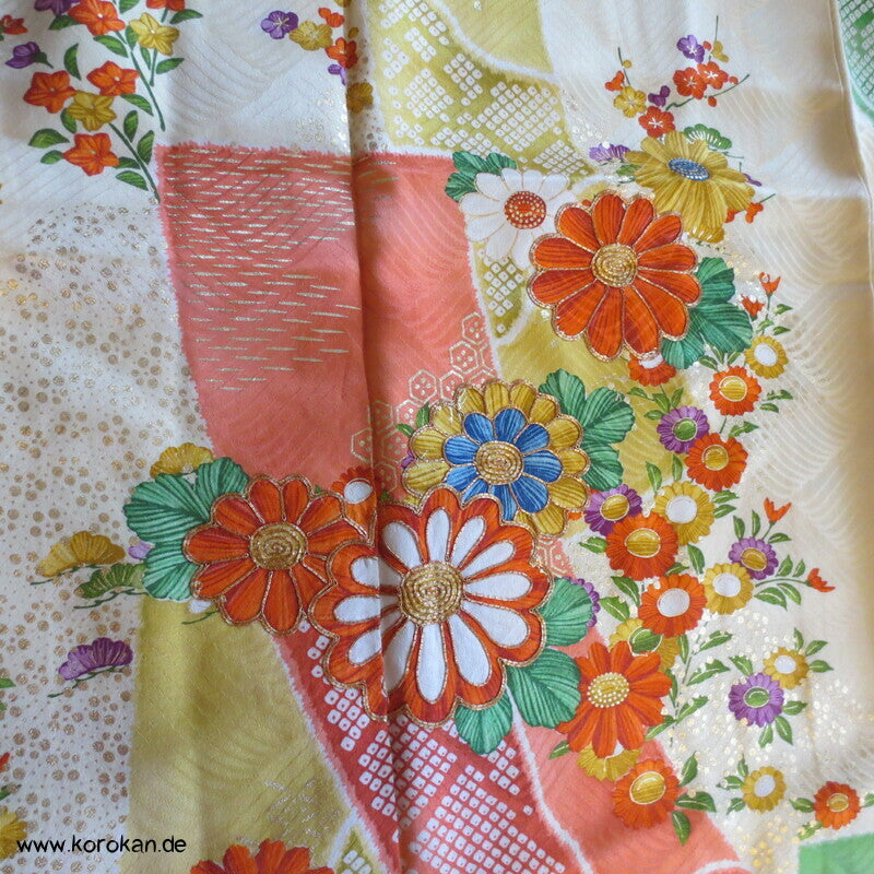 Mitzukoshi Furisode Kimono bunte Tanzaku Streifen mit Wisteria, Golddruck und Stickerei