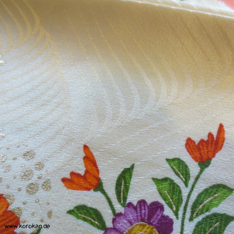 Mitzukoshi Furisode Kimono bunte Tanzaku Streifen mit Wisteria, Golddruck und Stickerei