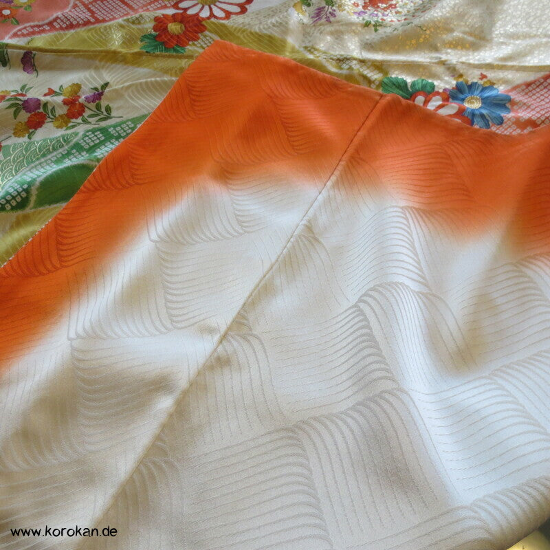 Mitzukoshi Furisode Kimono bunte Tanzaku Streifen mit Wisteria, Golddruck und Stickerei