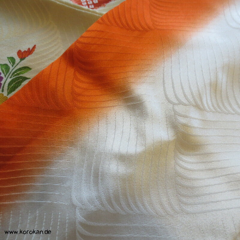 Mitzukoshi Furisode Kimono bunte Tanzaku Streifen mit Wisteria, Golddruck und Stickerei