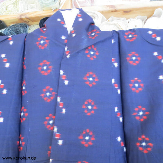 blau - weiß - rot geometrischer Hitoe Meisen Seiden Kimono