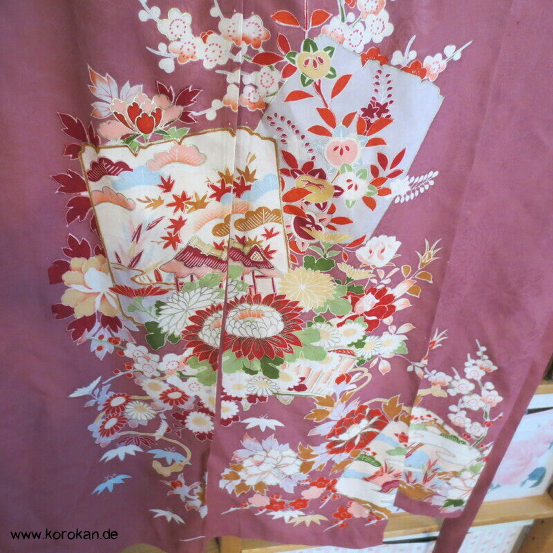 Kapuzen Hauskleid aus Homongi Kimono, Blüten auf azaleerosa