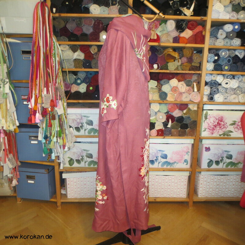 Kapuzen Hauskleid aus Homongi Kimono, Blüten auf azaleerosa