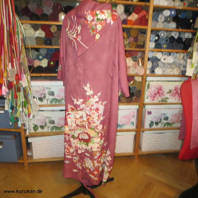 Kapuzen Hauskleid aus Homongi Kimono, Blüten auf azaleerosa