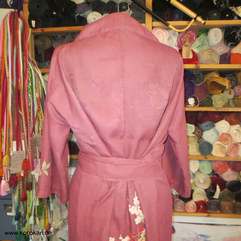 Kapuzen Hauskleid aus Homongi Kimono, Blüten auf azaleerosa