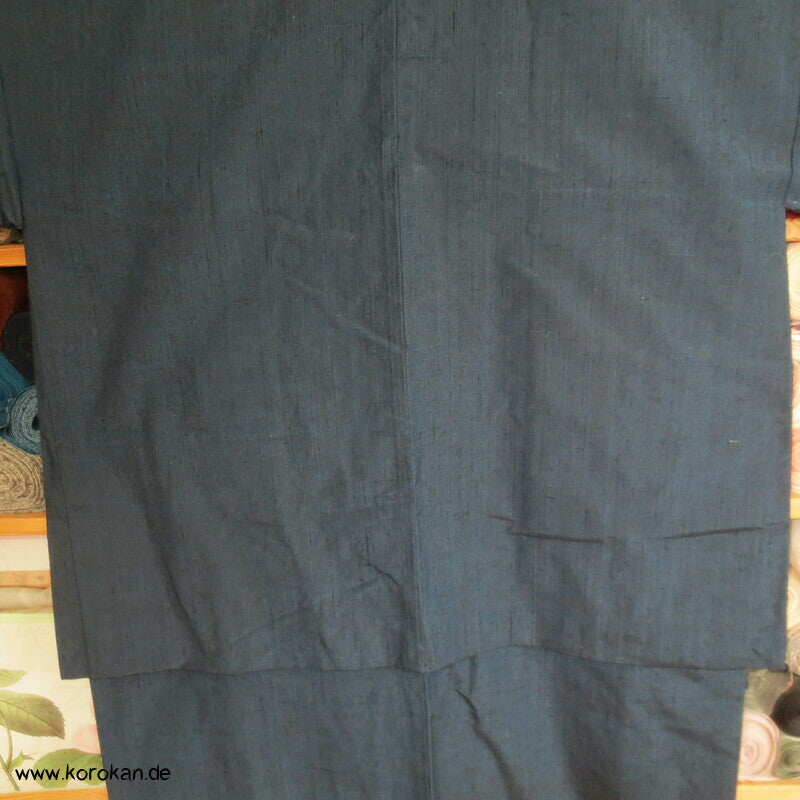 grob gewebtes Ensemble aus Kimono und Haori, blau meliert
