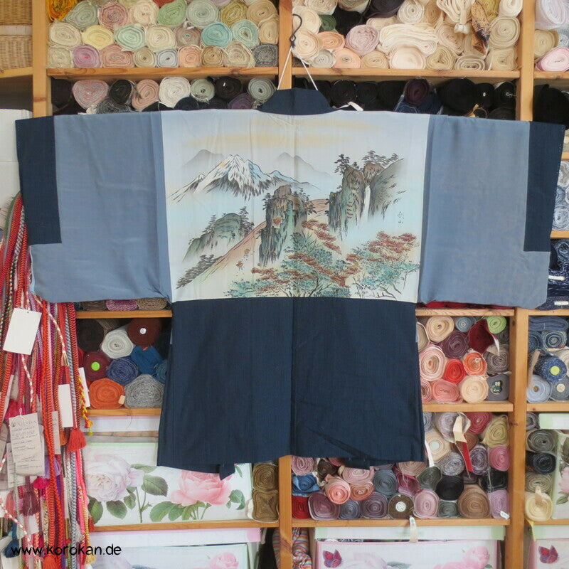 grob gewebtes Ensemble aus Kimono und Haori, blau meliert