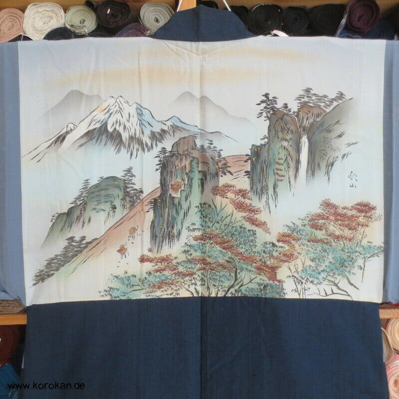 grob gewebtes Ensemble aus Kimono und Haori, blau meliert