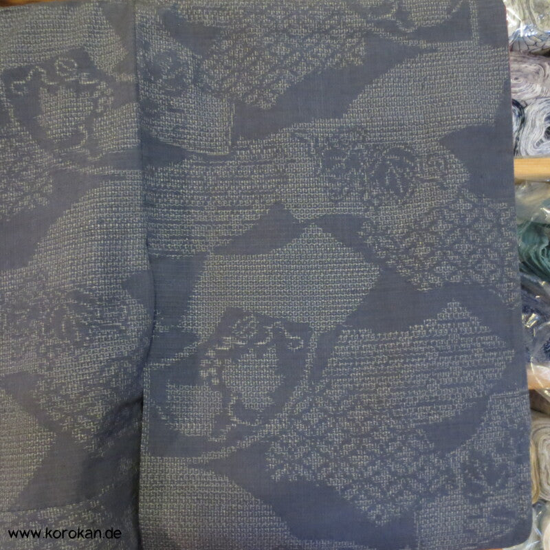 blaugraue Fächer Kasuri Tsumugi Seiden Kimono