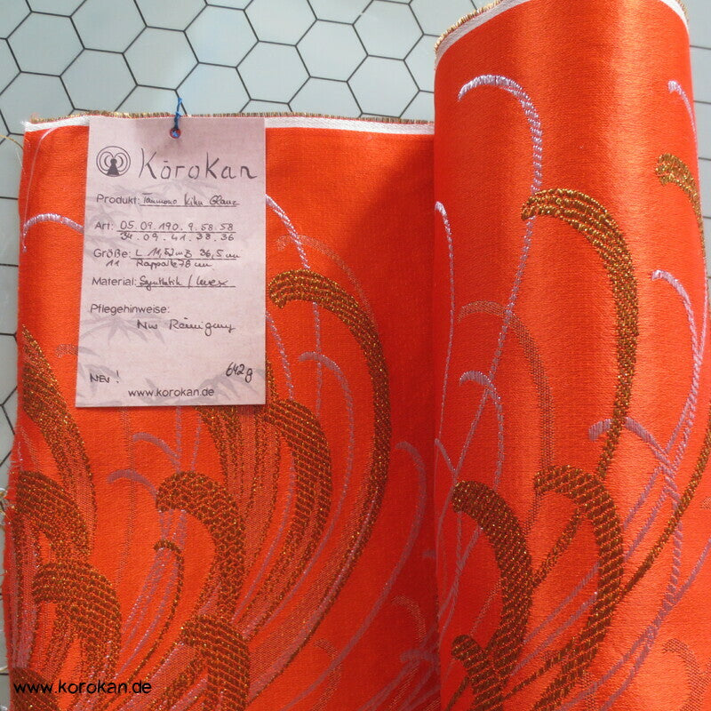 Lurex Chrysanthemen glitzernd auf orange Kimono / Obi Jacquard