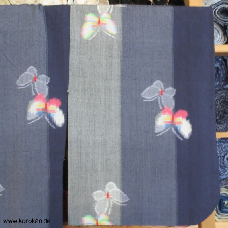 Kasuri Schmetterlinge auf blaugrauen Streifen Woll Hitoe Kimono