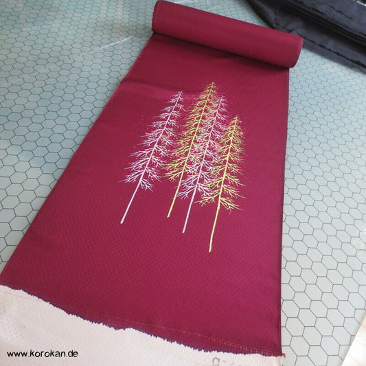 Homongi Kimono Tanmono Stoffrolle abstrakte Bäume auf weinrot