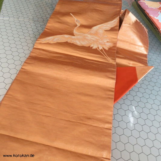 Kraniche gewebt in kupfergold Nagoya Obi Seidenbrokat Kimonogürtel