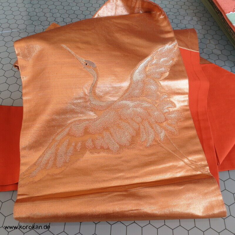 Kraniche gewebt in kupfergold Nagoya Obi Seidenbrokat Kimonogürtel