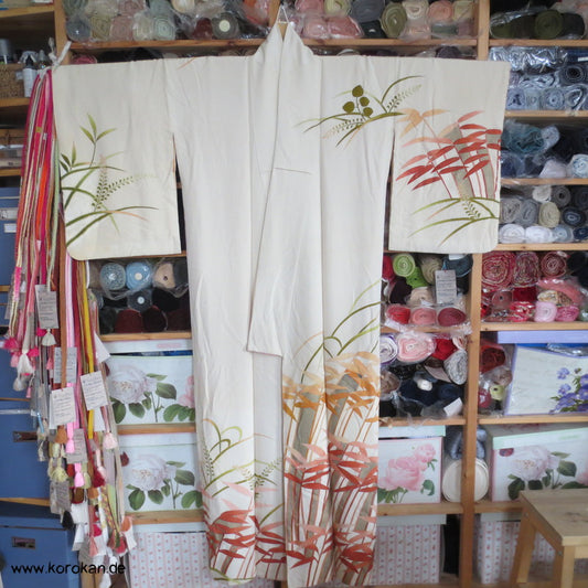 bunter Bambus auf hellem Seidencrepe Grund Homongi Kimono