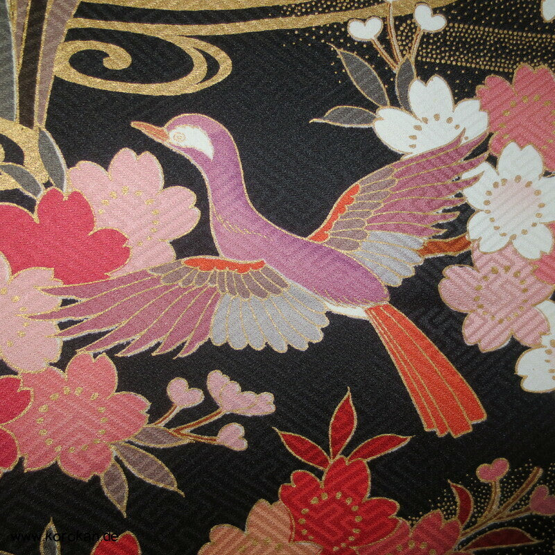 Mandarinenten und Blüten Furisode, Seiden Karieba