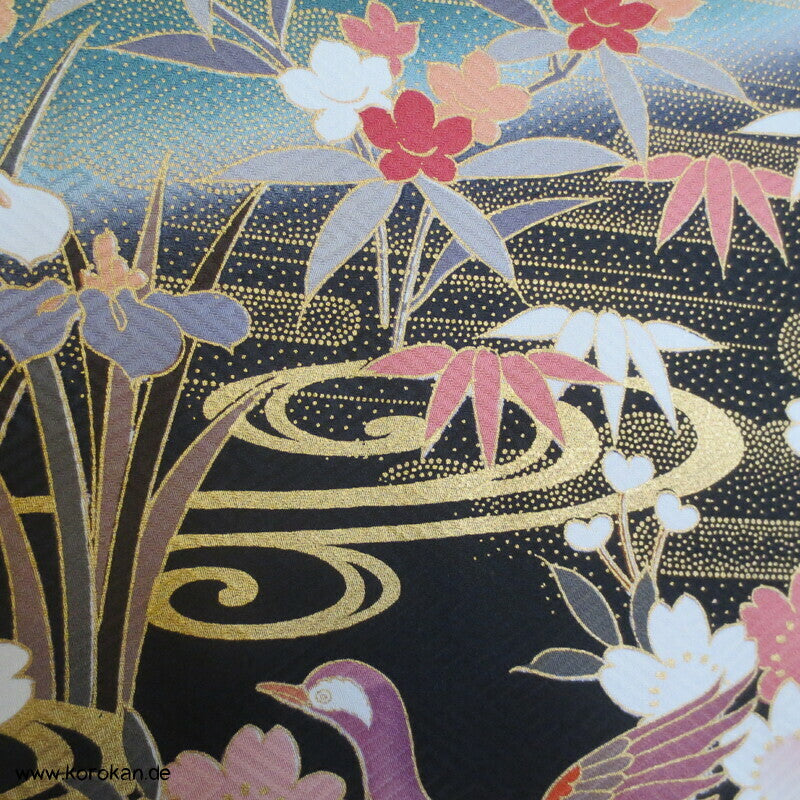 Mandarinenten und Blüten Furisode, Seiden Karieba