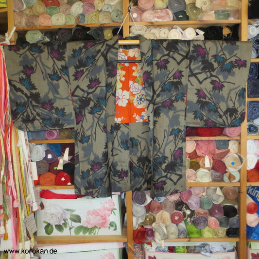 Japan Art Deco grau - violette Zweige Meisen Seiden Kimono Jacke