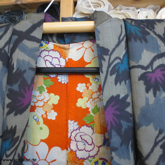 Japan Art Deco grau - violette Zweige Meisen Seiden Kimono Jacke