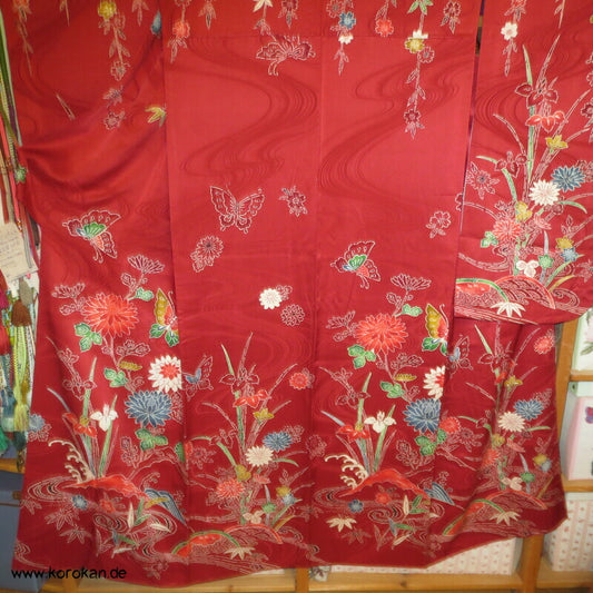 Furisode Seidendamast Kimono mit Bingata Motiven