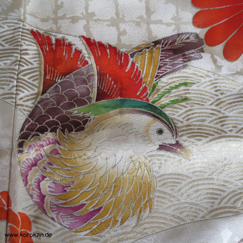 Mandarinenten, teilweise bestickter Seidendamast Homongi Kimono