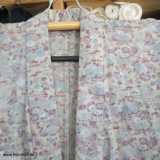 feine Blumen Druckmuster Hitoe Komon Kimono aus Wolle, zerstört