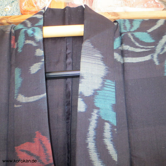 Kasuri Rondelle türkis auf schwarz Hitoe Meisen Komon Kimono