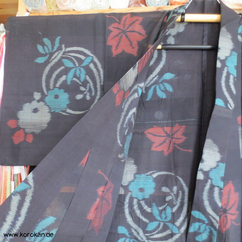 Kasuri Rondelle türkis auf schwarz Hitoe Meisen Komon Kimono