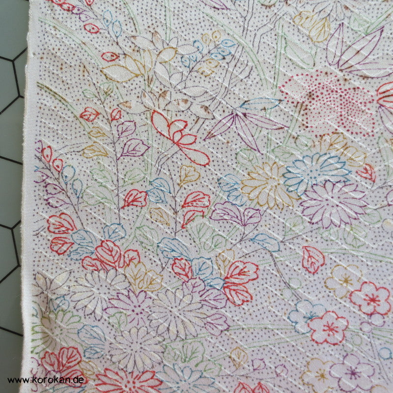 Higaki Flechtmuster Seidendamast Kimono Stoffrest mit Blütendruck
