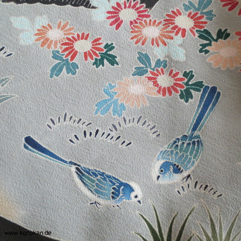 Tomesode, Gartenlandschaft, Vögel Seiden Karieba