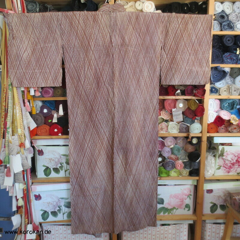 Rautennetz antiker Hitoe Komon Kimono, stark gekreppte Seide