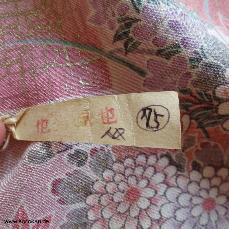 gold und silberne Überfangdruck Blumen und Fächer Kimono Seidencrepe