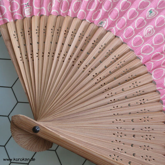 Jigami Klappfächer, Stoff auf Bambusstreben, Kreise auf rosa