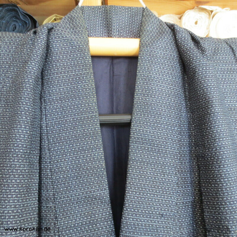 blauer Seiden Tsumugi Ensemble, Kimono + Haori