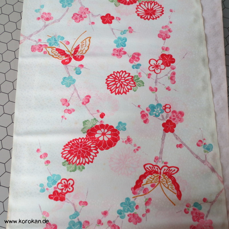 Japan Schmetterlinge, Blüten auf hellblau Kimono Stoff, Acetat