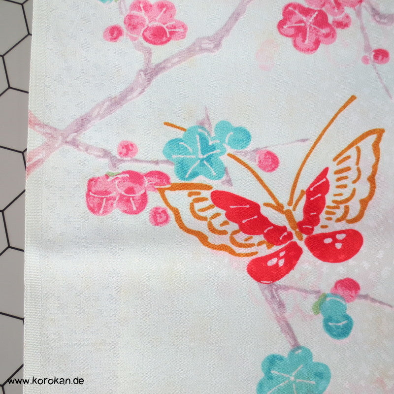 Japan Schmetterlinge, Blüten auf hellblau Kimono Stoff, Acetat