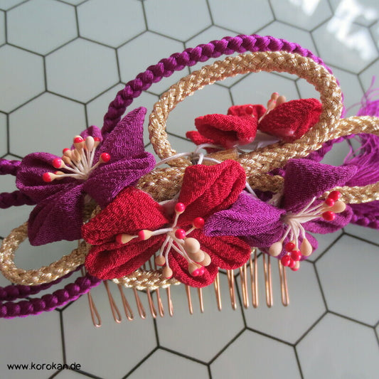 Kanzashi Haarkamm - Fascinator, Blüten Kordel