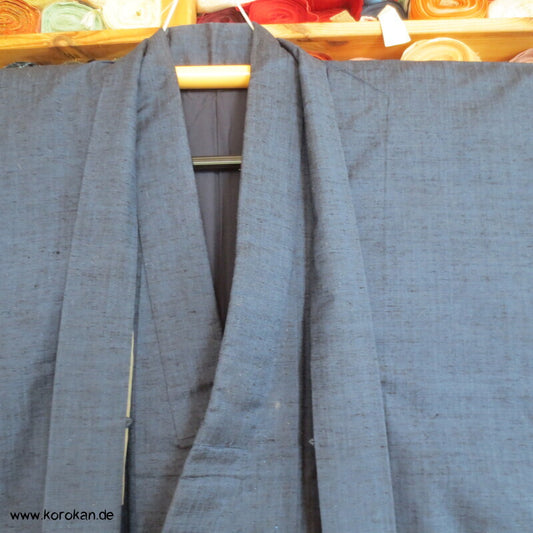grob gewebtes Tsumugi Seiden Set Kimono und Haori, blau meliert