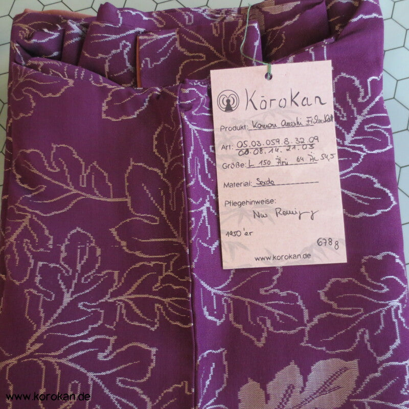 silbergraue Blätter auf lila Omeshi Seidenjacquard Komon Kimono